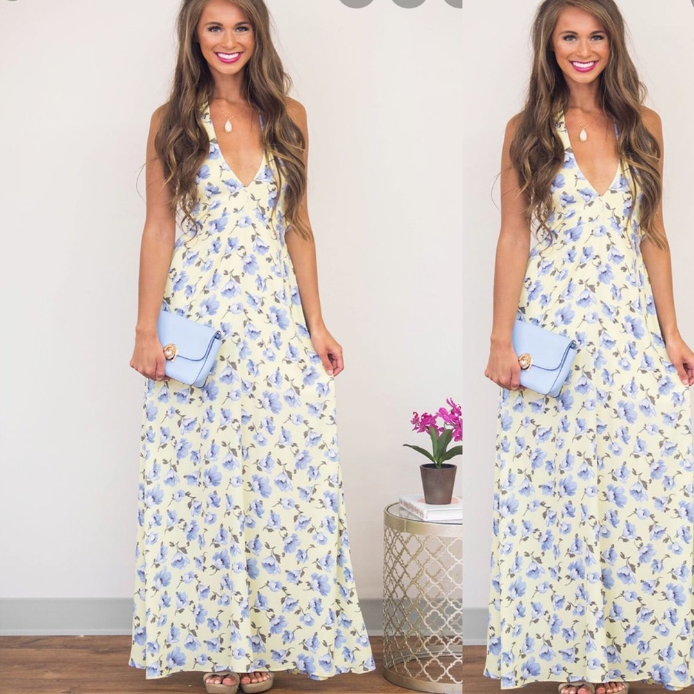 Yellow Floral V-Neck Maxi Dress with Blue Print